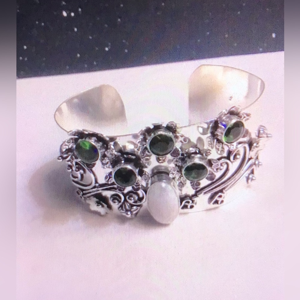 Peridot Moonstone Stamped Solid 925 Sterling Cuff Bracelet